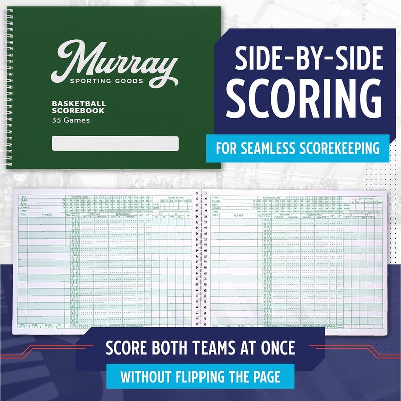 Murray Sporting Goods دفتر تسجيل النقاط لكرة السلة الكلاسيكي - 35 مباراة كتاب تسجيل النقاط الأخضر | كتاب تتبع الإحصائيات لكرة السلة للشباب - Image 4